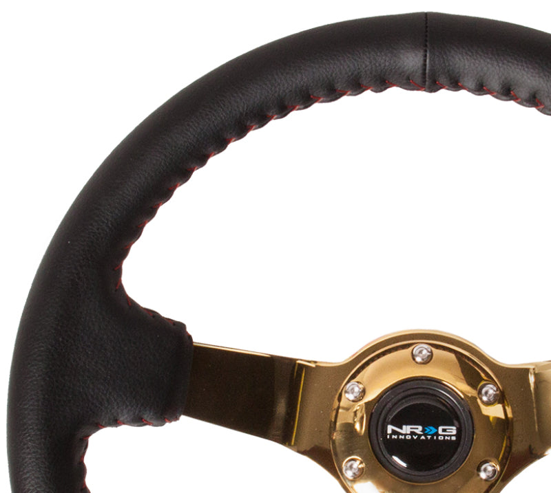 NRG Reinforced Steering Wheel (350mm / 3in. Deep) Black Leather/Red BBall Stitch w/4mm Gold Spokes