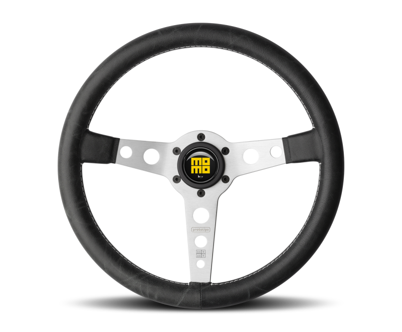 Momo Prototipo Steering Wheel 350mm Black Leather/White Stitch/Brshd Spokes