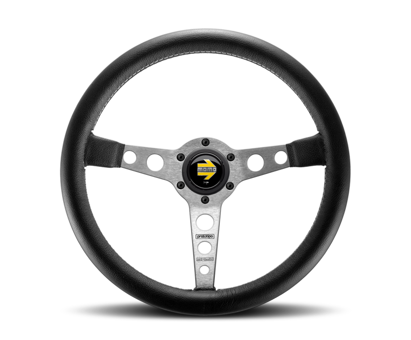 Momo Prototipo Steering Wheel 350mm Black Leather/Wht Stitch/Brshd Spokes