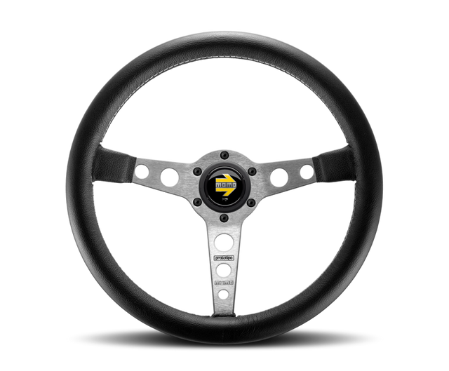 Momo Prototipo Steering Wheel 350mm Black Leather/Wht Stitch/Brshd Spokes