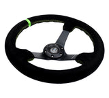 NRG Deep Dish Steering Wheel 350mm Suede/ Neon Green Stitch w/5mm Matte Black Spoke