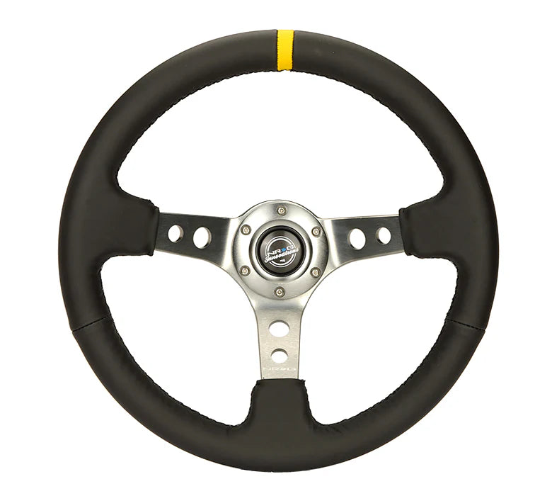 NRG Reinforced Steering Wheel (350mm / 3in. Deep) Black Leather w/Gunmetal Cutout Spoke & Yellow CM