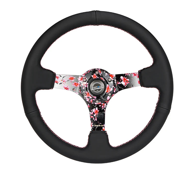 NRG Deep Dish Steering Wheel 350mm Hydro Dipped Sakura Floral w/ Pink Suede Black Stitch