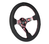 NRG Deep Dish Steering Wheel 350mm Hydro Dipped Sakura Floral w/ Pink Suede Black Stitch