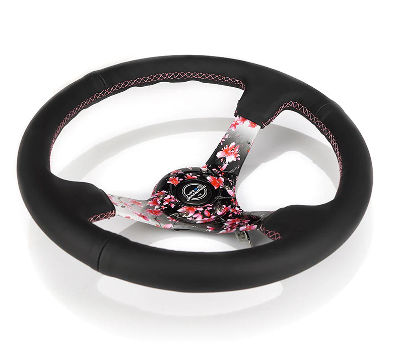 NRG Deep Dish Steering Wheel 350mm Hydro Dipped Sakura Floral w/ Pink Suede Black Stitch