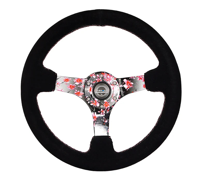 NRG Reinforced Steering Wheel (350mm) 3in Deep Pink Sakura Floral Solid Spoke - Black Suede/Stitch