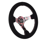 NRG Reinforced Steering Wheel (350mm) 3in Deep Pink Sakura Floral Solid Spoke - Black Suede/Stitch