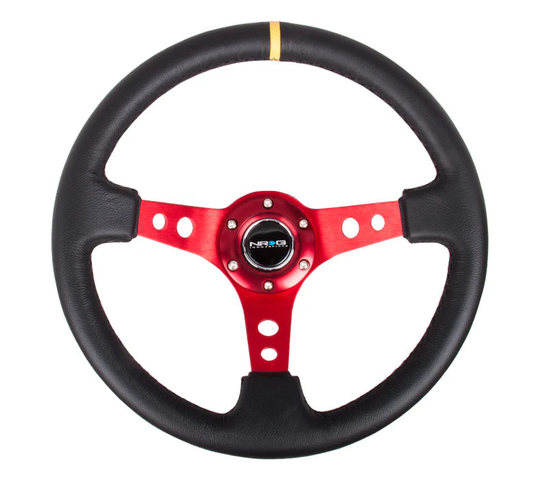 NRG Reinforced Deep Dish Steering Wheel 350mm Black Leather w/Red Spokes and Yellow Center Mark