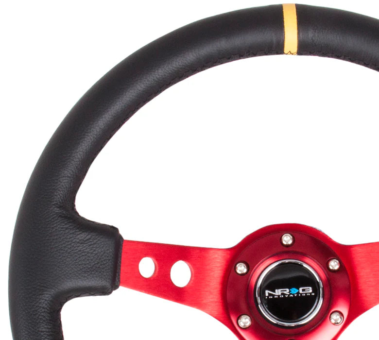 NRG Reinforced Deep Dish Steering Wheel 350mm Black Leather w/Red Spokes and Yellow Center Mark