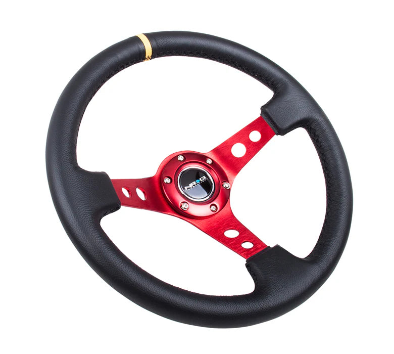 NRG Reinforced Deep Dish Steering Wheel 350mm Black Leather w/Red Spokes and Yellow Center Mark