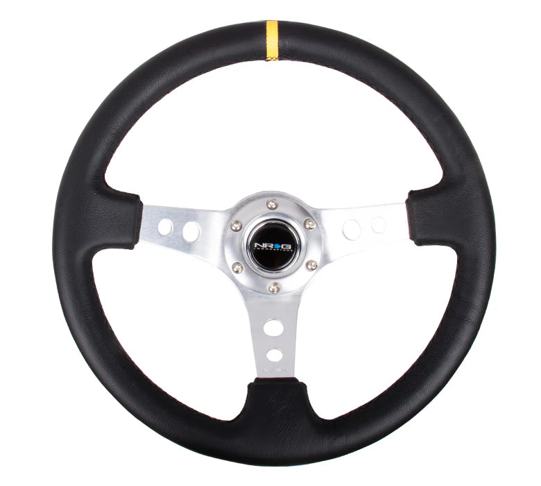 NRG Reinforced Steering Wheel (350mm / 3in. Deep) Black Leather w/Circle Cut Spokes & Single Yellow CM