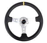 NRG Reinforced Steering Wheel (350mm / 3in. Deep) Black Leather w/Circle Cut Spokes & Single Yellow CM