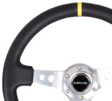 NRG Reinforced Steering Wheel (350mm / 3in. Deep) Black Leather w/Circle Cut Spokes & Single Yellow CM