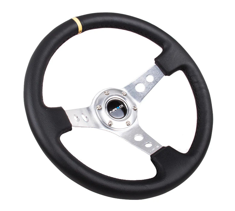 NRG Reinforced Steering Wheel (350mm / 3in. Deep) Black Leather w/Circle Cut Spokes & Single Yellow CM