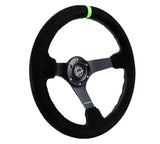 NRG Deep Dish Steering Wheel 350mm Suede/ Neon Green Stitch w/5mm Matte Black Spoke