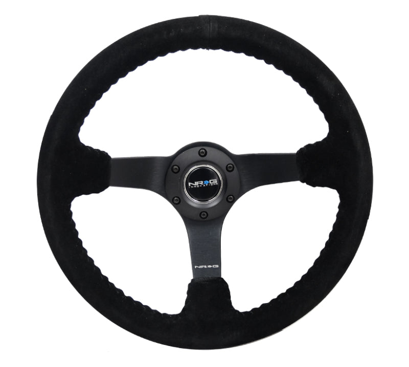 NRG Deep Dish Steering Wheel 350mm Black Suede Bball Stitch w/5mm Matte Black Spoke