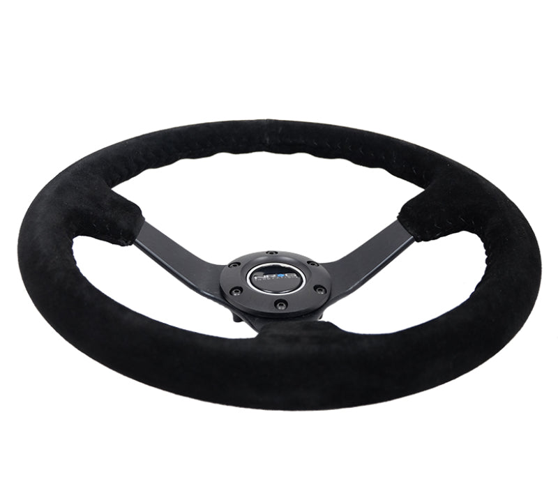 NRG Deep Dish Steering Wheel 350mm Black Suede Bball Stitch w/5mm Matte Black Spoke