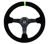 NRG Deep Dish Steering Wheel 350mm Suede/ Neon Green Stitch w/5mm Matte Black Spoke