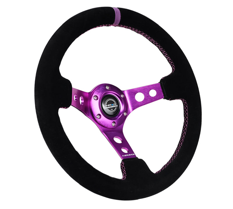 NRG Reinforced Steering Wheel (350mm / 3in. Deep) Black Suede w/Purple Center & Purple Stitching