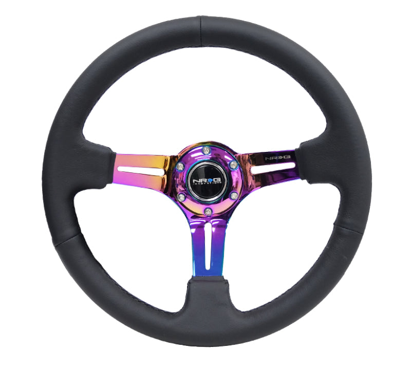 NRG Reinforced Steering Wheel (350mm / 3in. Deep) Blk Leather/Blk Stitch w/Neochrome Slits