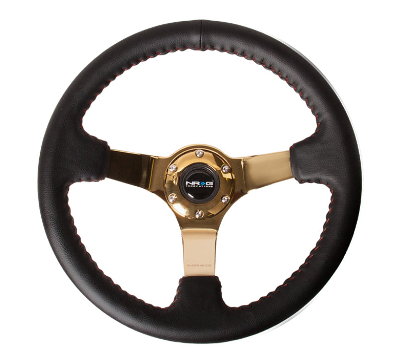 NRG Reinforced Steering Wheel (350mm / 3in. Deep) Black Leather/Red BBall Stitch w/4mm Gold Spokes