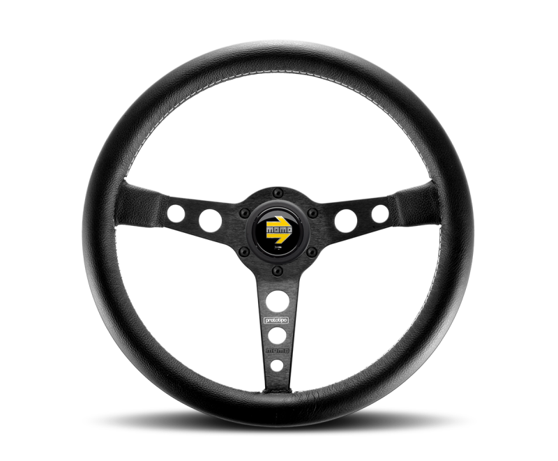 Momo Prototipo Steering Wheel 350mm Black Leather/Wht Stitch/Black Spokes