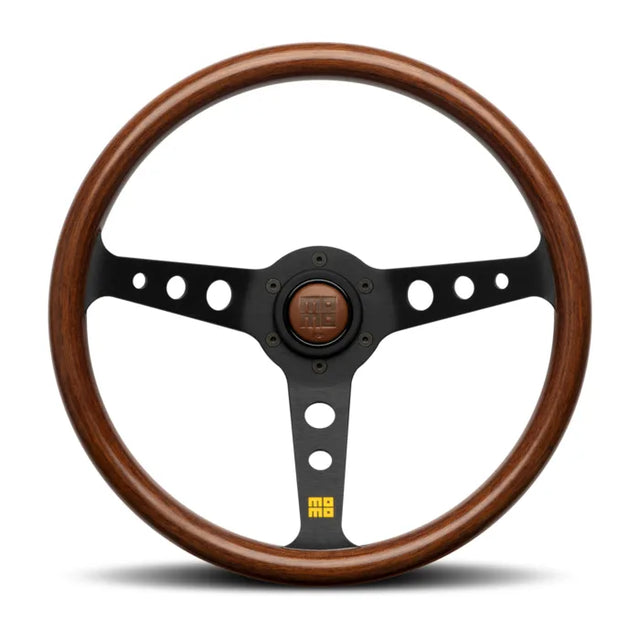 MOMO Mod.07 350mm Wheel - Mahogany Wood w/ Black Anodized Aluminum Spokes & Heritage MOMO Logo