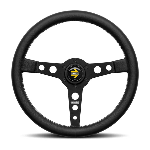 Momo Prototipo Steering Wheel 370mm Black Leather/White Stitch/Brushed Black Ano Spokes