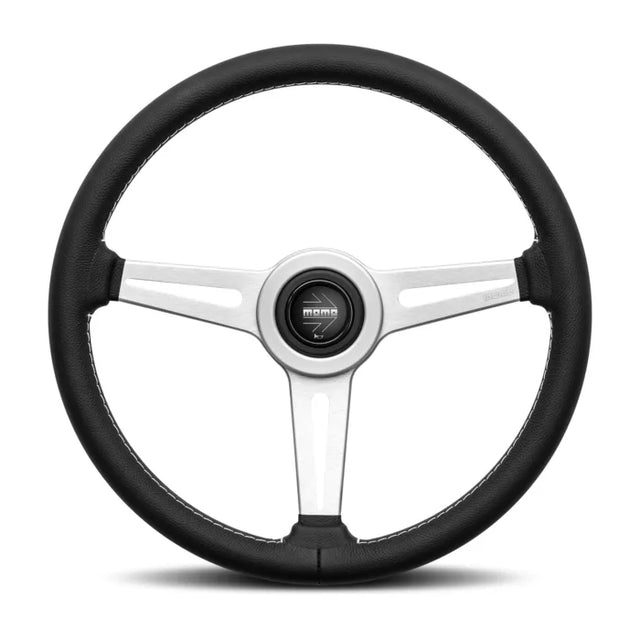 Momo Retro Steering Wheel 360mm 4 Black Leather/Wht Stitch/Brshd Spokes