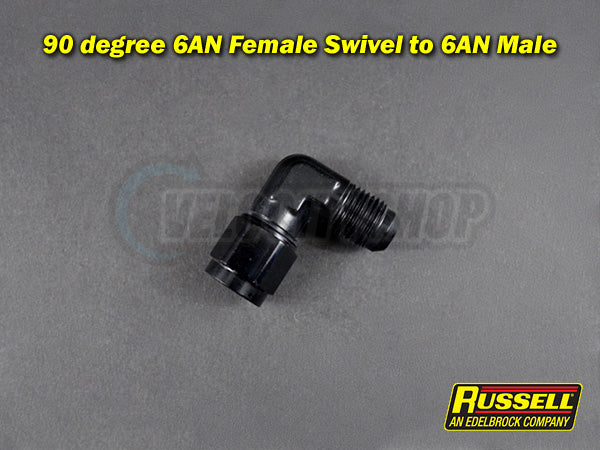 Russell 90 degree 6 AN Female Swivel to 6 AN Male Fitting Black