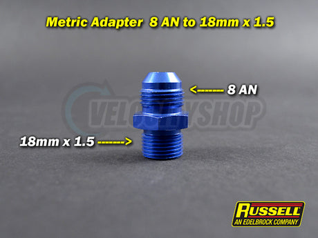 Russell 8 AN Male to 18mm x 1.5 Metric Male Adapter (blue)