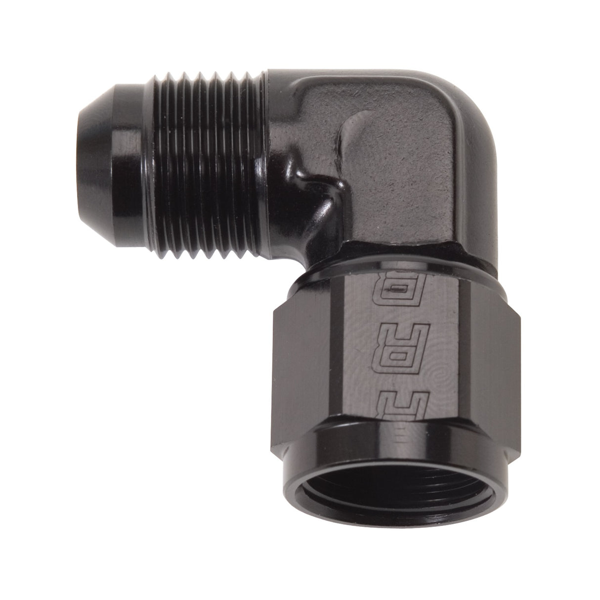 614807 | ADAPTER FITTING #8 AN FEMALE SWIVEL TO #8 AN MALE 90 DEG ELBOW BLK ANODIZED