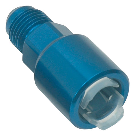 640860 | EFI ADAPTER FITTING -6 AN MALE TO 5/16" SAE QUICK DISCONNECT FEMALE BLUE ANODIZED FINISH