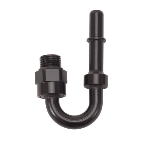 644013 | ADAPTER FITTING, 3/8" SAE QUICK DISCONNECT MALE TO #6 SAE PORT MALE SWIVEL END 180 DEG BLK ANODIZED