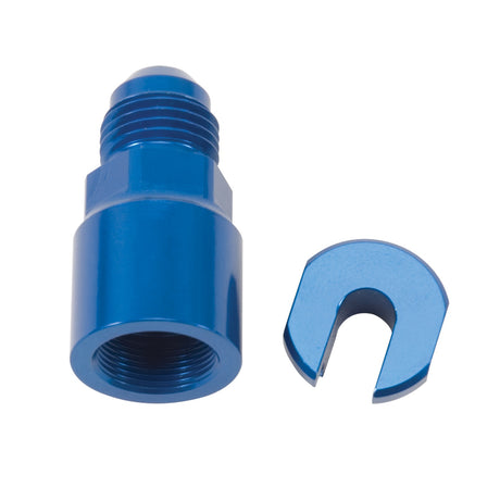 644110 | EFI ADAPTER FITTING -6 AN MALE TO 5/16" SAE QUICK DISCONNECT FEMALE SCREW TYPE BLUE ANODIZED FINISH