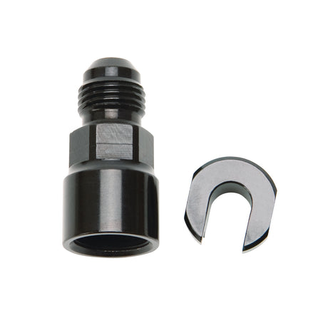 644113 | EFI ADAPTER FITTING -6 AN MALE TO 5/16" SAE QUICK DISCONNECT FEMALE SCREW TYPE BLK ANODIZED FINISH.